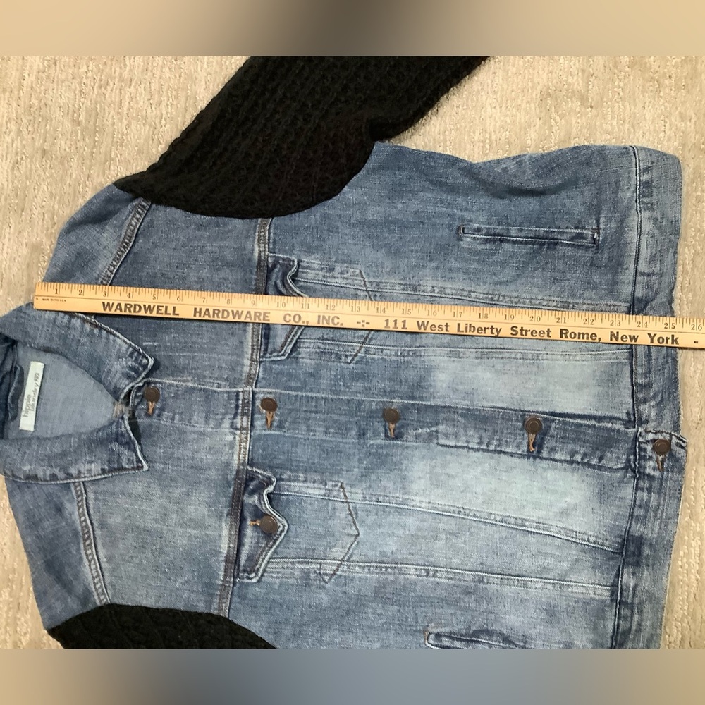 Hippie Laundry upcycled Denim Jacket with Black Knit sleeves and scarf. - Picture 8 of 10